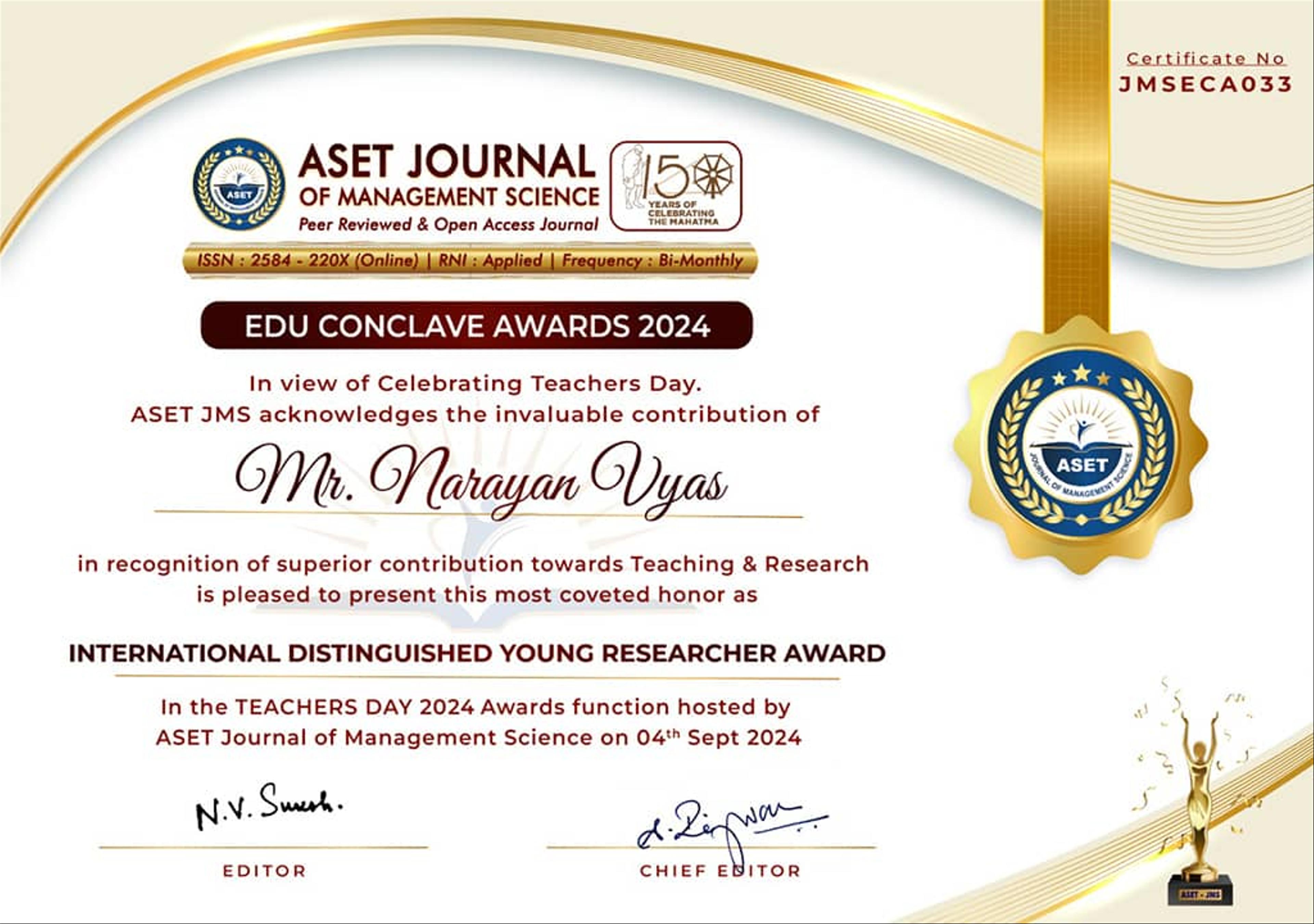 ASET Journal International Distinguished Young Researcher Award